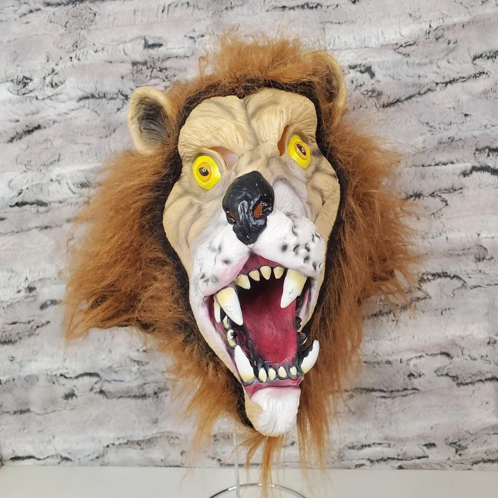 Realistic Lion Head Latex Costume Mask Faux‎ Fur Mane Adult Hood Style OSFM